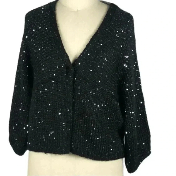 Chico’s Women’s Black Alpaca Blend 3/4 Sleeve Cardigan with Sequins Size 0 - Picture 2 of 16